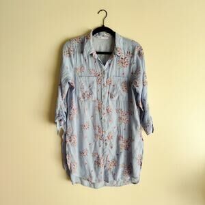 Figueroa & Flower Blue + Pink Embroidered Flower Long Sleeve Blouse - Large